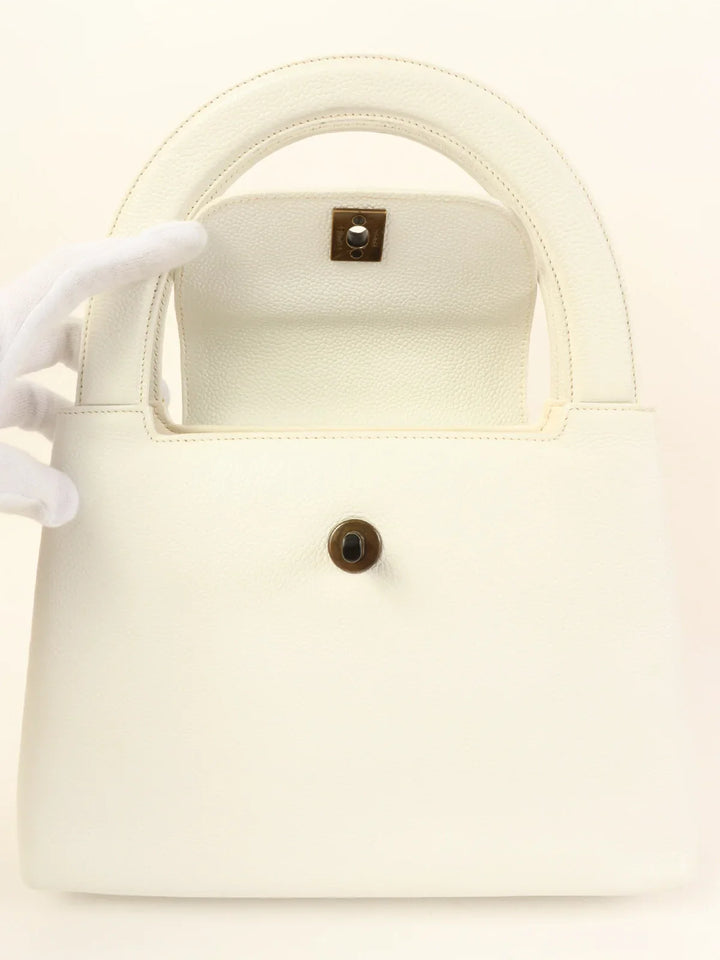 Chanel Around 1998 Made Caviar Skin Turn-Lock Top Handle Bag White