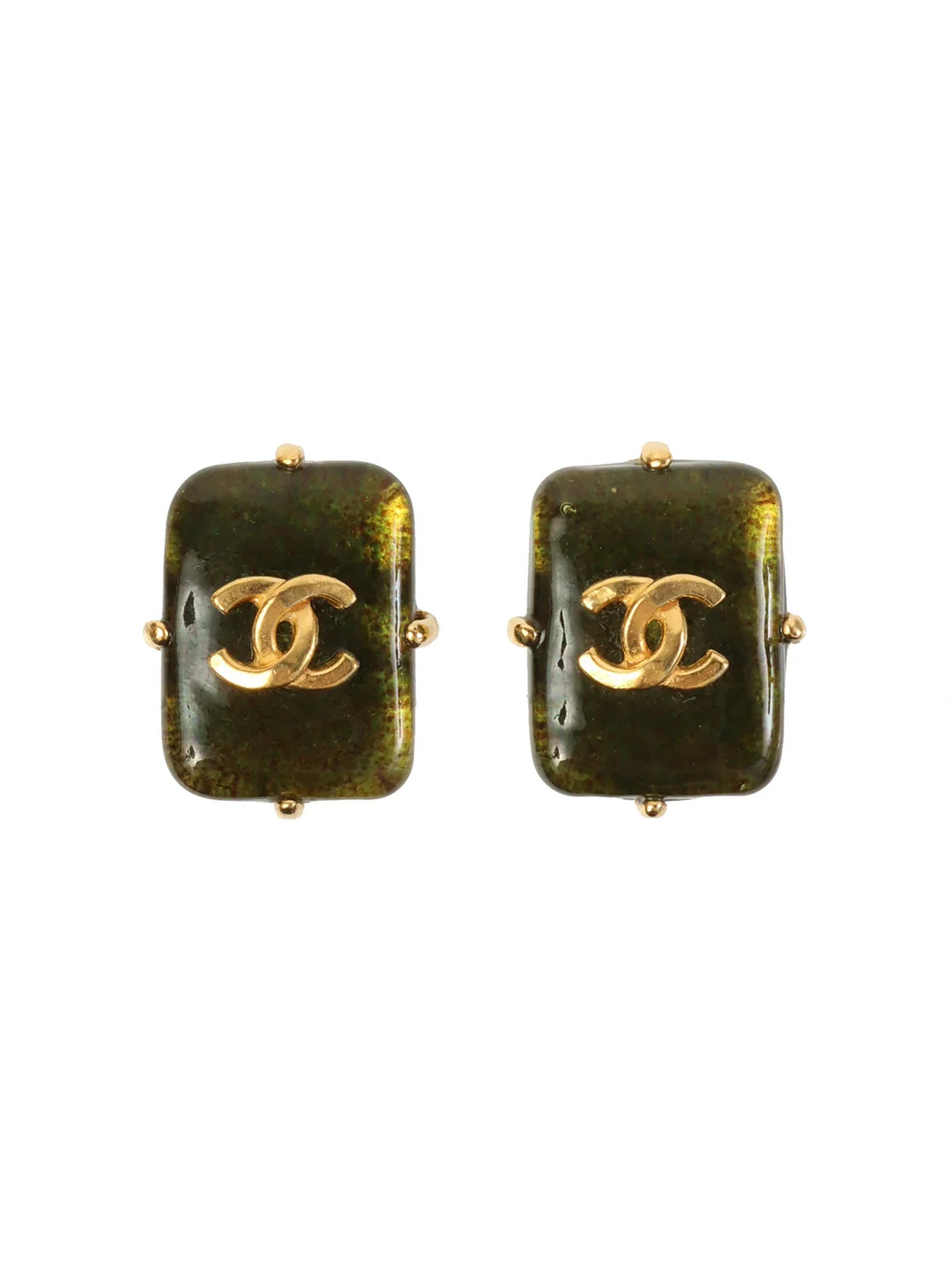 Chanel 1997 Made Gripoix Rectangular Cc Mark Earrings Khaki/Gold