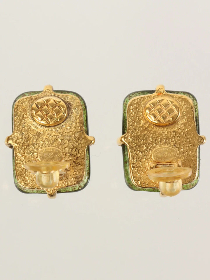 Chanel 1997 Made Gripoix Rectangular Cc Mark Earrings Khaki/Gold