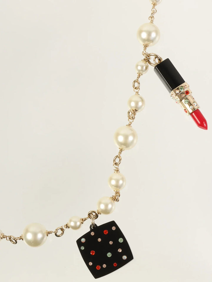 Chanel Rouge Charm Pearl Long Necklace Gold/White/Multi