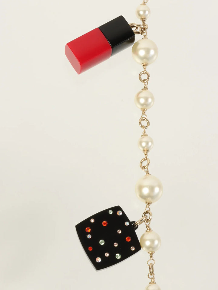 Chanel Rouge Charm Pearl Long Necklace Gold/White/Multi