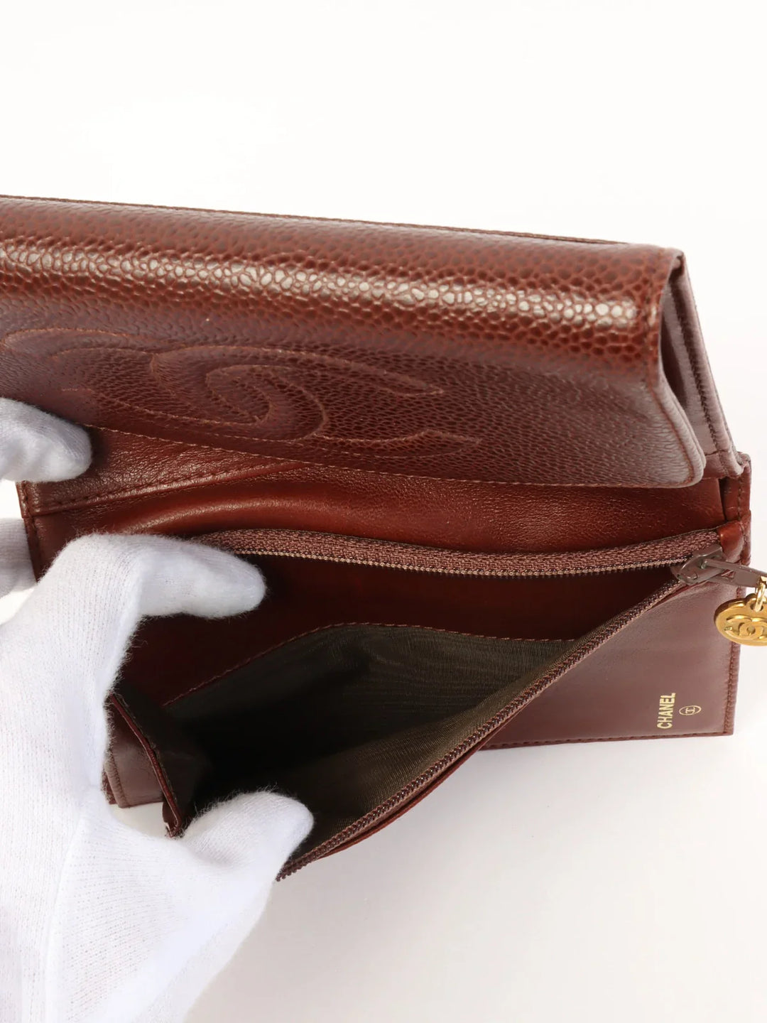 Chanel Around 1998 Made Caivar Skin Cc Mark Stitch Wallet Brown