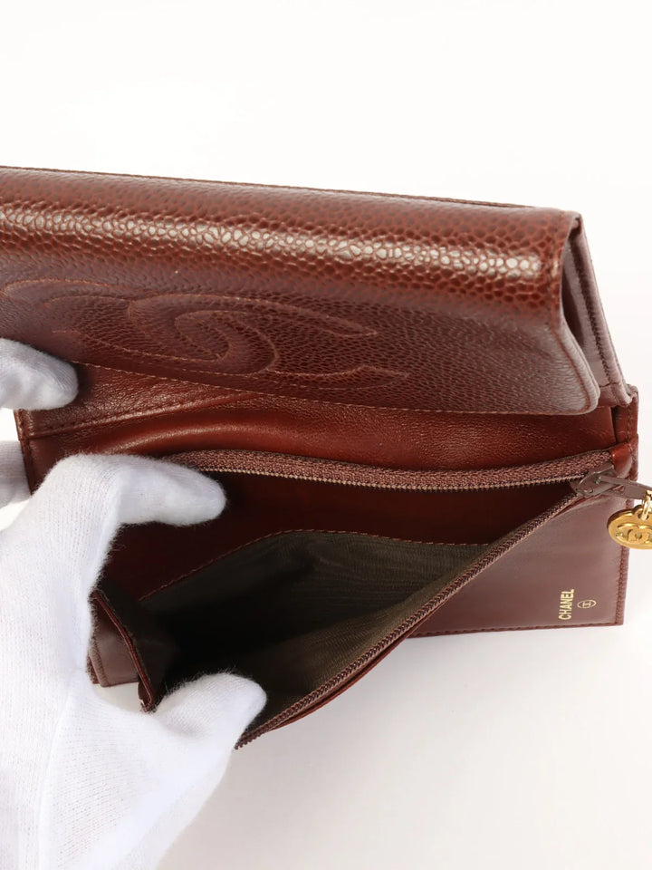 Chanel Around 1998 Made Caivar Skin Cc Mark Stitch Wallet Brown