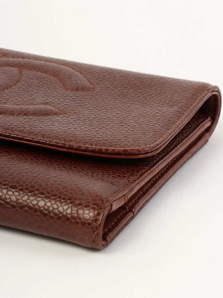 Chanel Around 1998 Made Caivar Skin Cc Mark Stitch Wallet Brown
