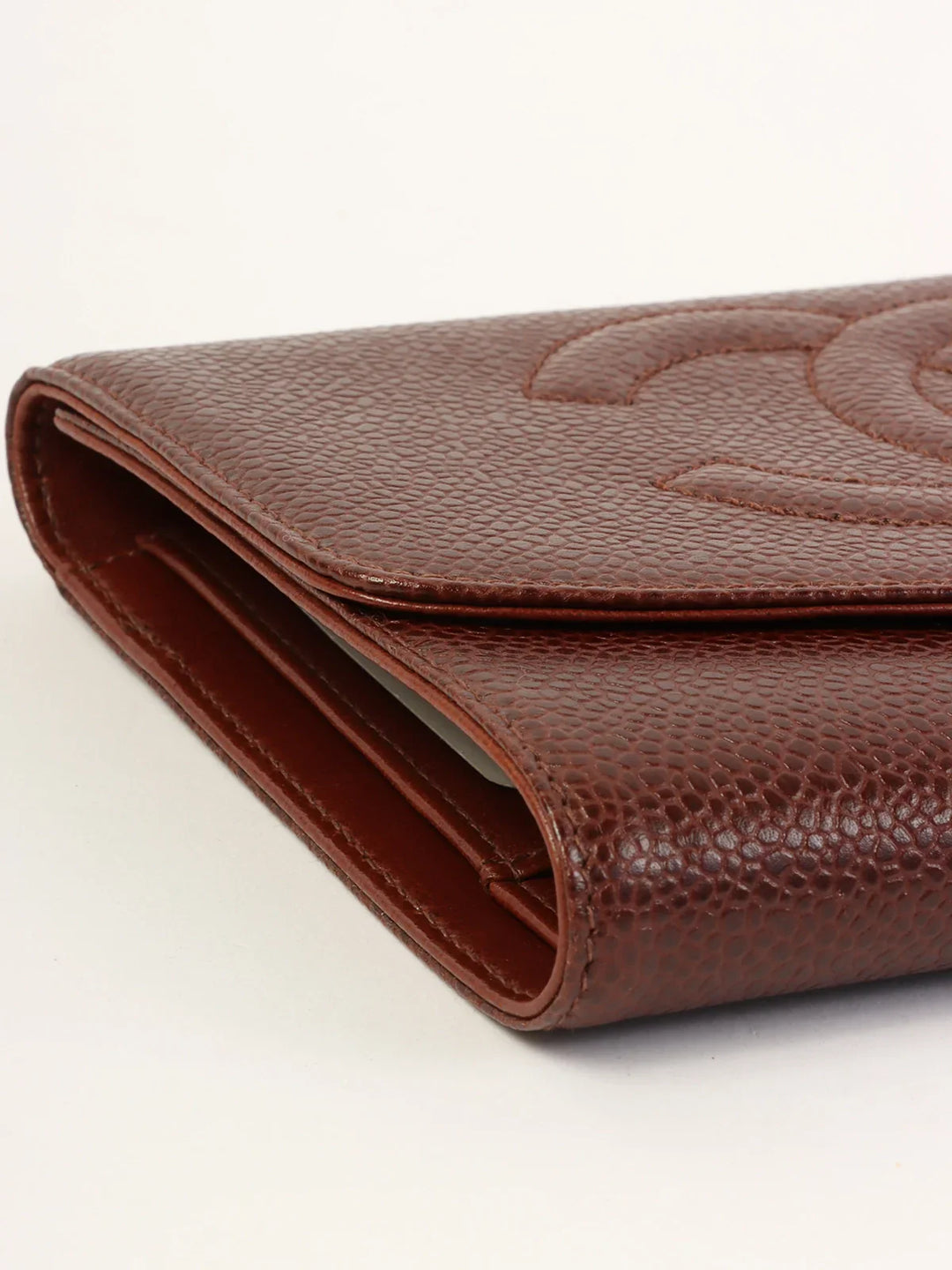 Chanel Around 1998 Made Caivar Skin Cc Mark Stitch Wallet Brown