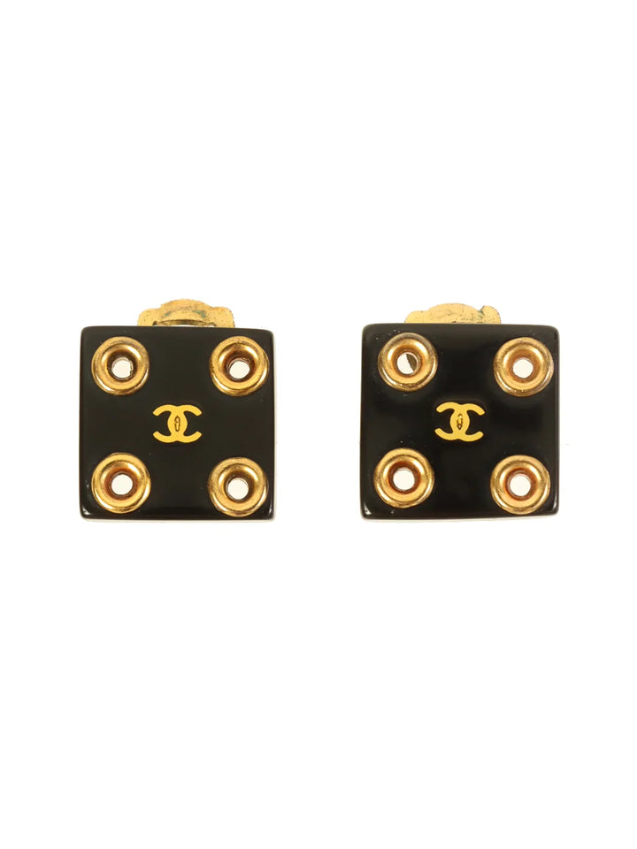 Chanel 2001 Made Square Cc Mark Earrings Gold/Black