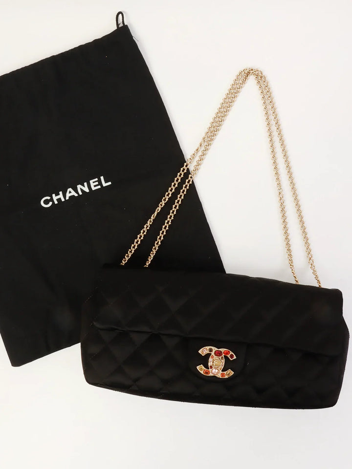 Chanel Around 2008 Made Silk Satin Gripoix Turn-Lock Chain Bag Black/Gold/Multi