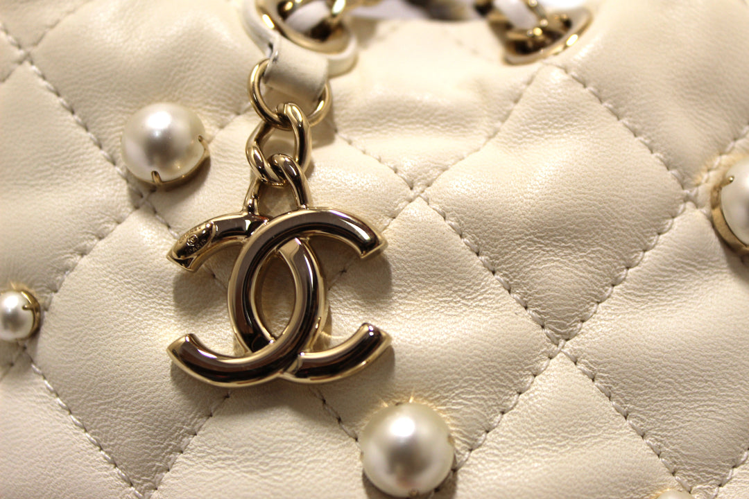 Top Quality Chanel Quilted Lambskin with Pearls Mini Drawstring Bucket Bag