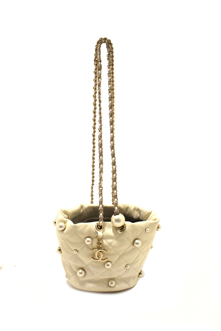 Top Quality Chanel Quilted Lambskin with Pearls Mini Drawstring Bucket Bag
