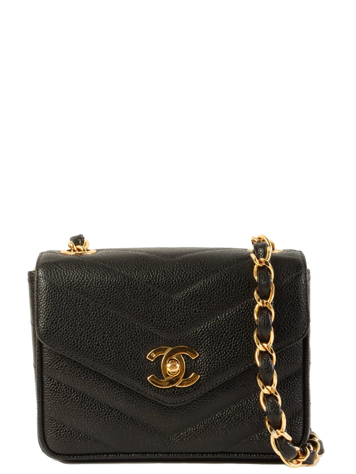 Chanel Around 1995 Made Caviar Skin V Stitch Turn-Lock Chain Bag Black