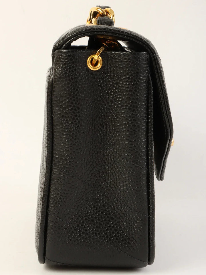 Chanel Around 1995 Made Caviar Skin V Stitch Turn-Lock Chain Bag Black