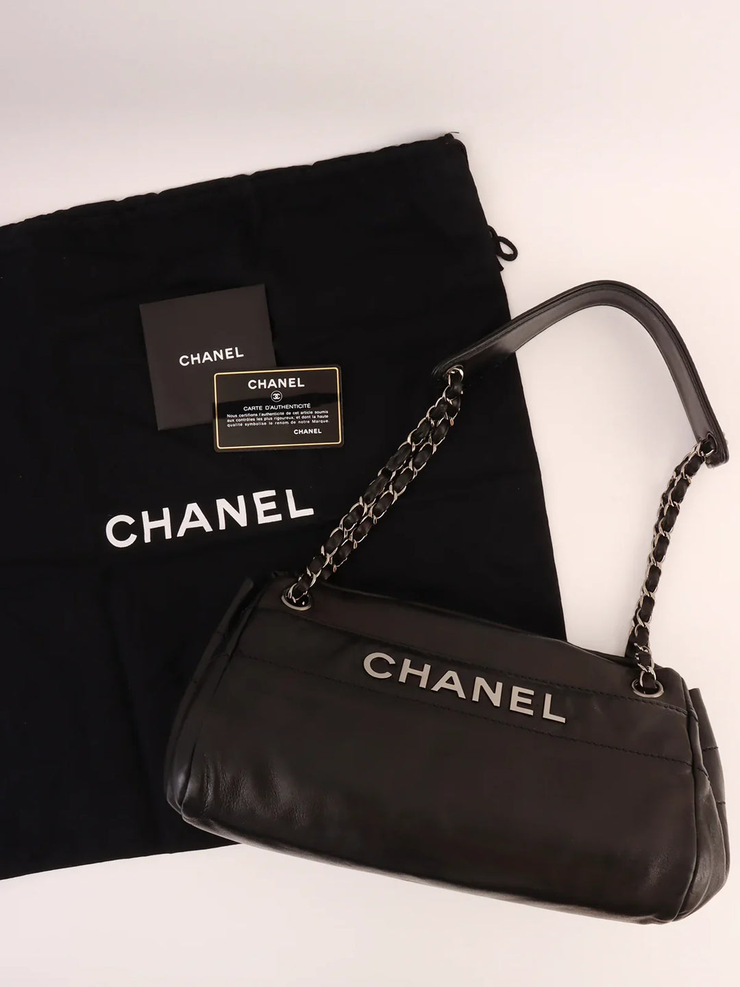 Chanel Around 2005 Made Logo Plate Chain Shoulder Bag Black