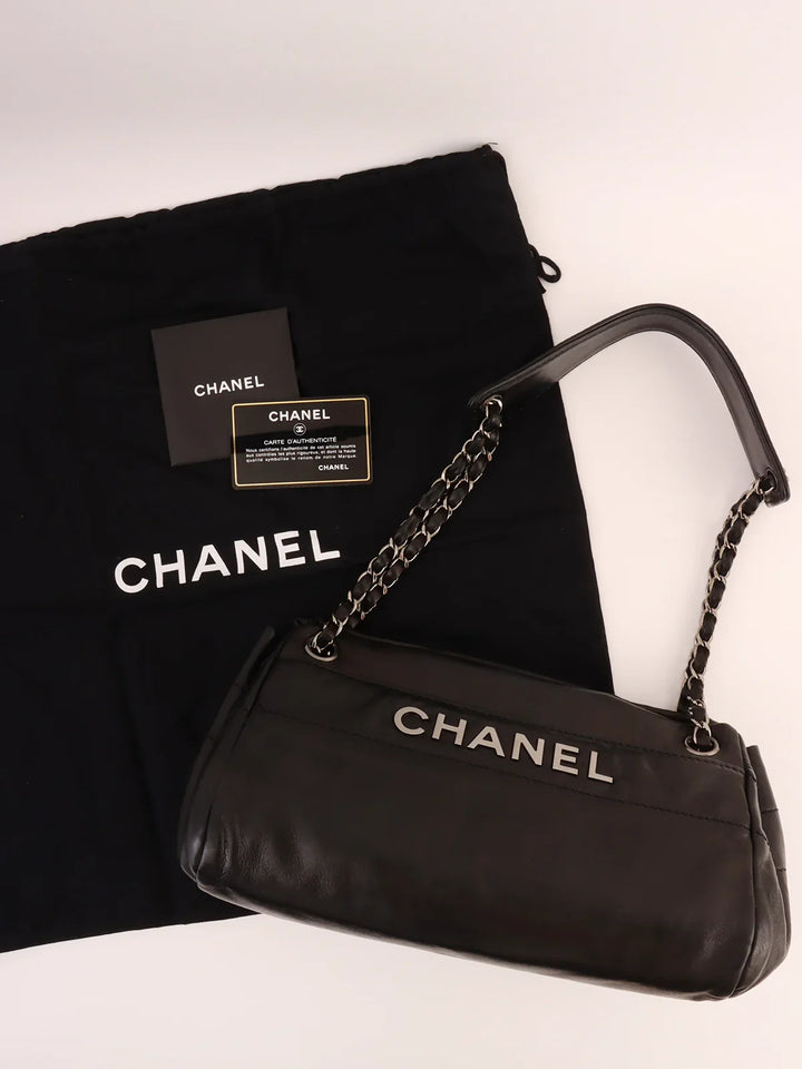 Chanel Around 2005 Made Logo Plate Chain Shoulder Bag Black