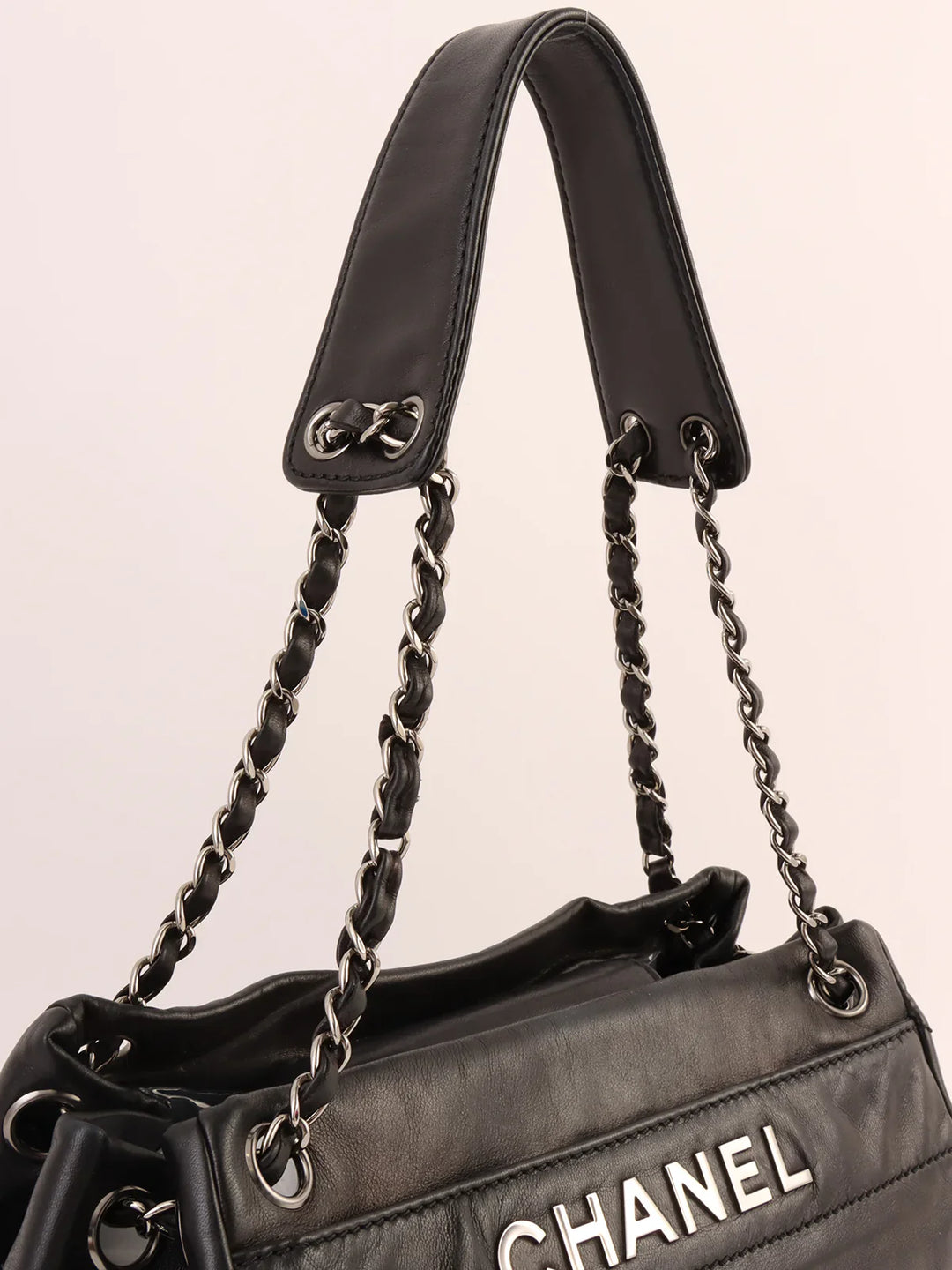Chanel Around 2005 Made Logo Plate Chain Shoulder Bag Black