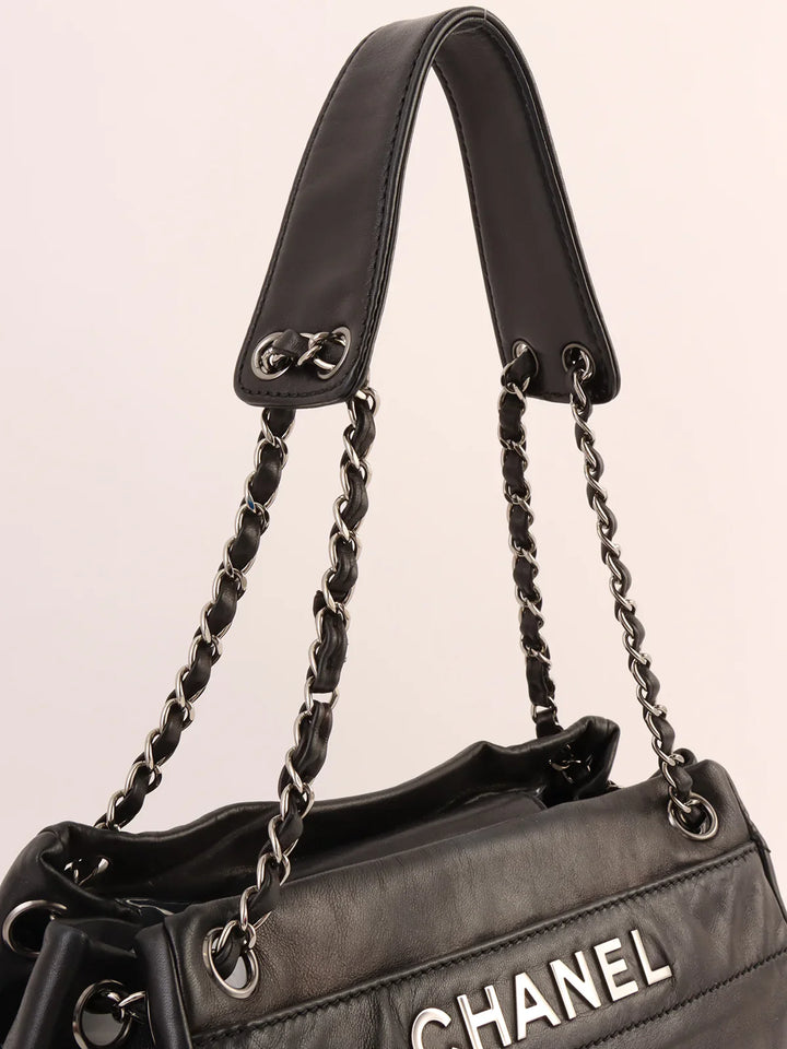 Chanel Around 2005 Made Logo Plate Chain Shoulder Bag Black