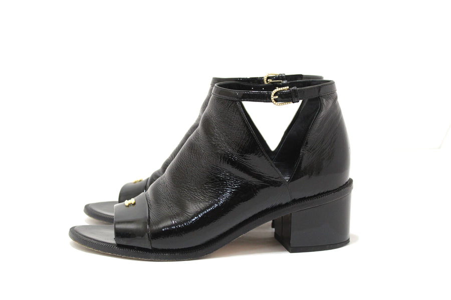 Chanel Black Patent Leather Peep Toe Short Ankle Boots 38.5 | Italystation.com