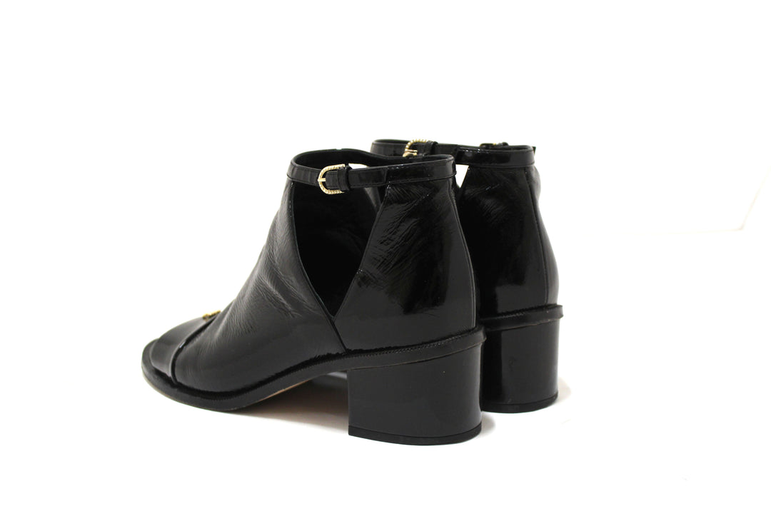 Top Quality Chanel Black Patent Leather Peep Toe Short Ankle Boots 38.5