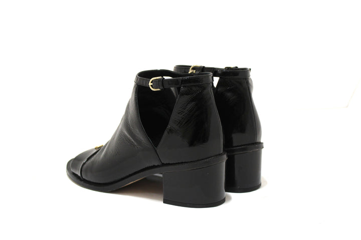 Top Quality Chanel Black Patent Leather Peep Toe Short Ankle Boots 38.5