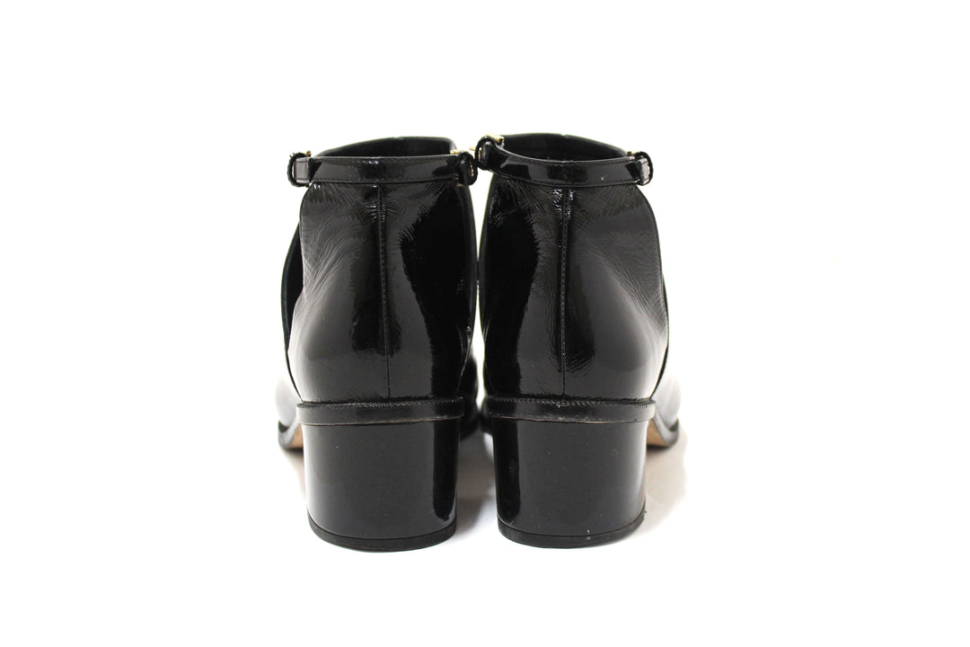 Top Quality Chanel Black Patent Leather Peep Toe Short Ankle Boots 38.5