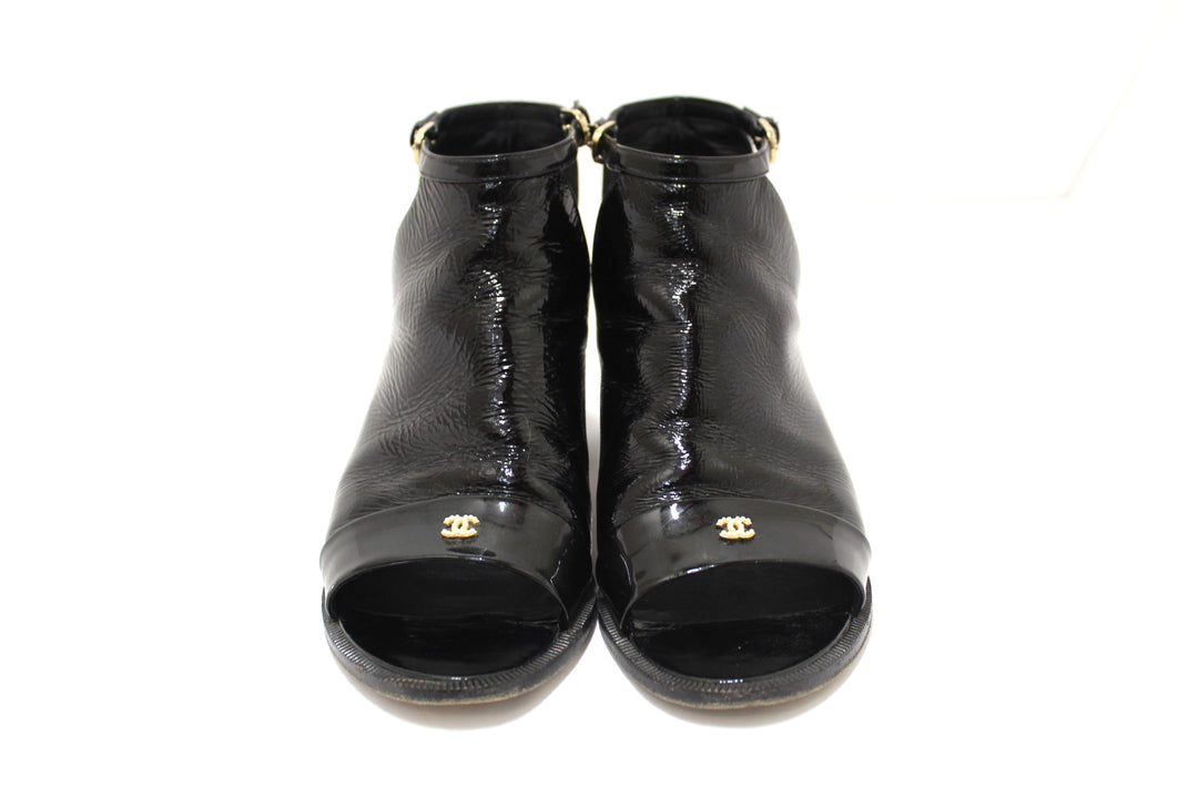 Top Quality Chanel Black Patent Leather Peep Toe Short Ankle Boots 38.5