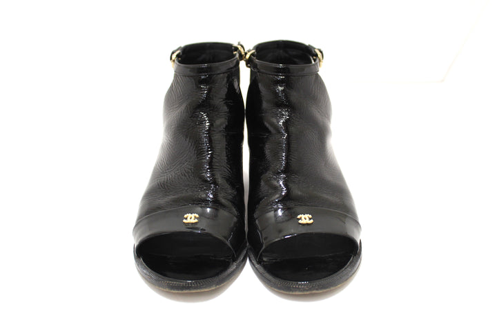 Top Quality Chanel Black Patent Leather Peep Toe Short Ankle Boots 38.5