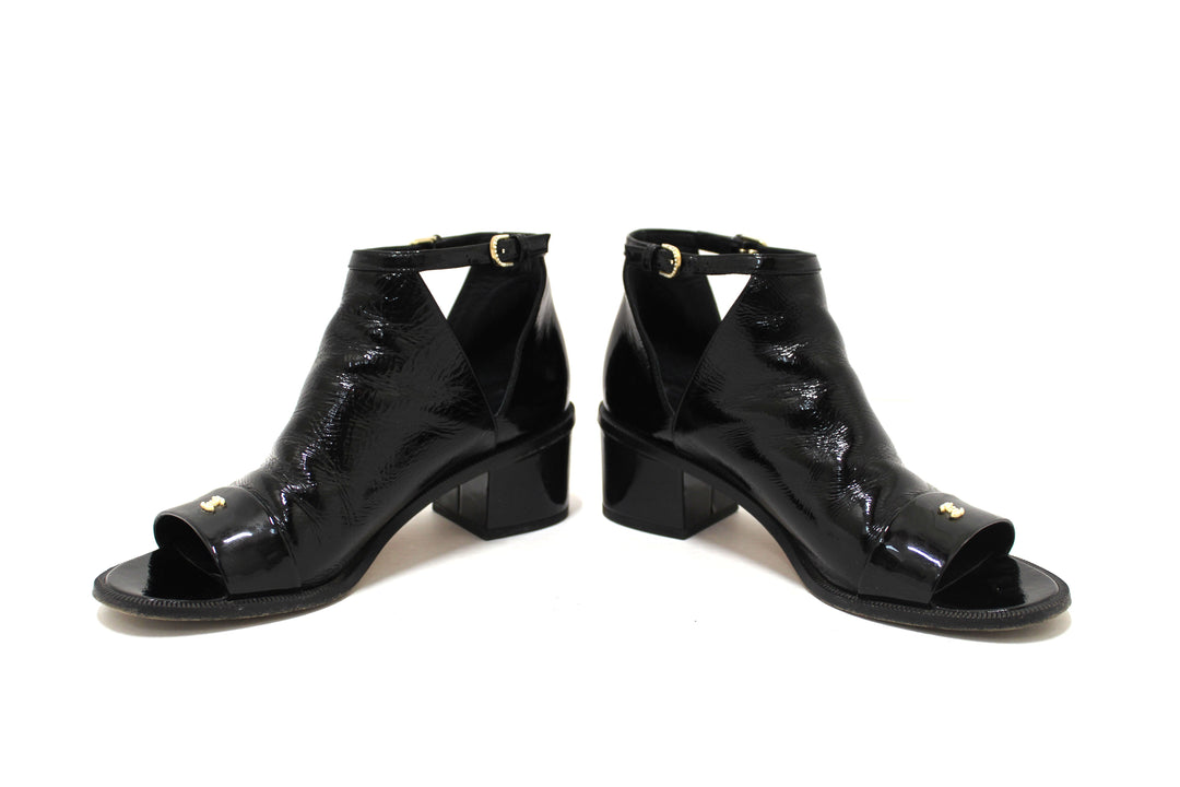 Top Quality Chanel Black Patent Leather Peep Toe Short Ankle Boots 38.5