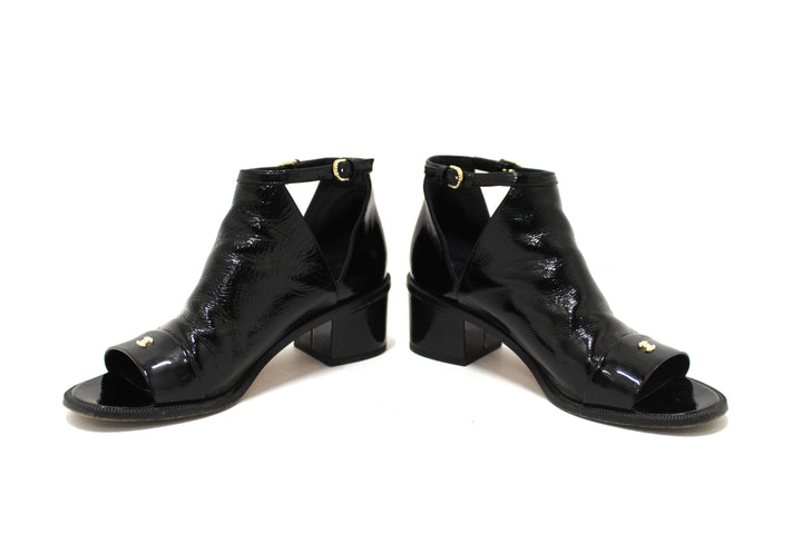 Top Quality Chanel Black Patent Leather Peep Toe Short Ankle Boots 38.5