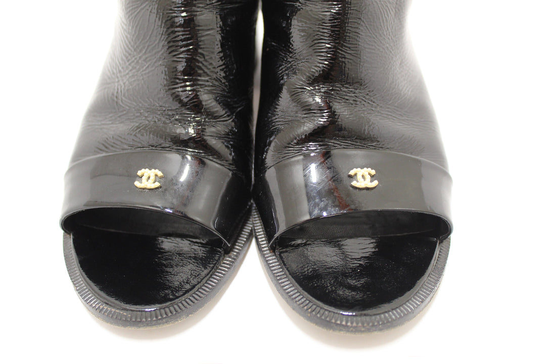 Top Quality Chanel Black Patent Leather Peep Toe Short Ankle Boots 38.5