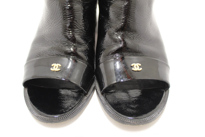 Top Quality Chanel Black Patent Leather Peep Toe Short Ankle Boots 38.5
