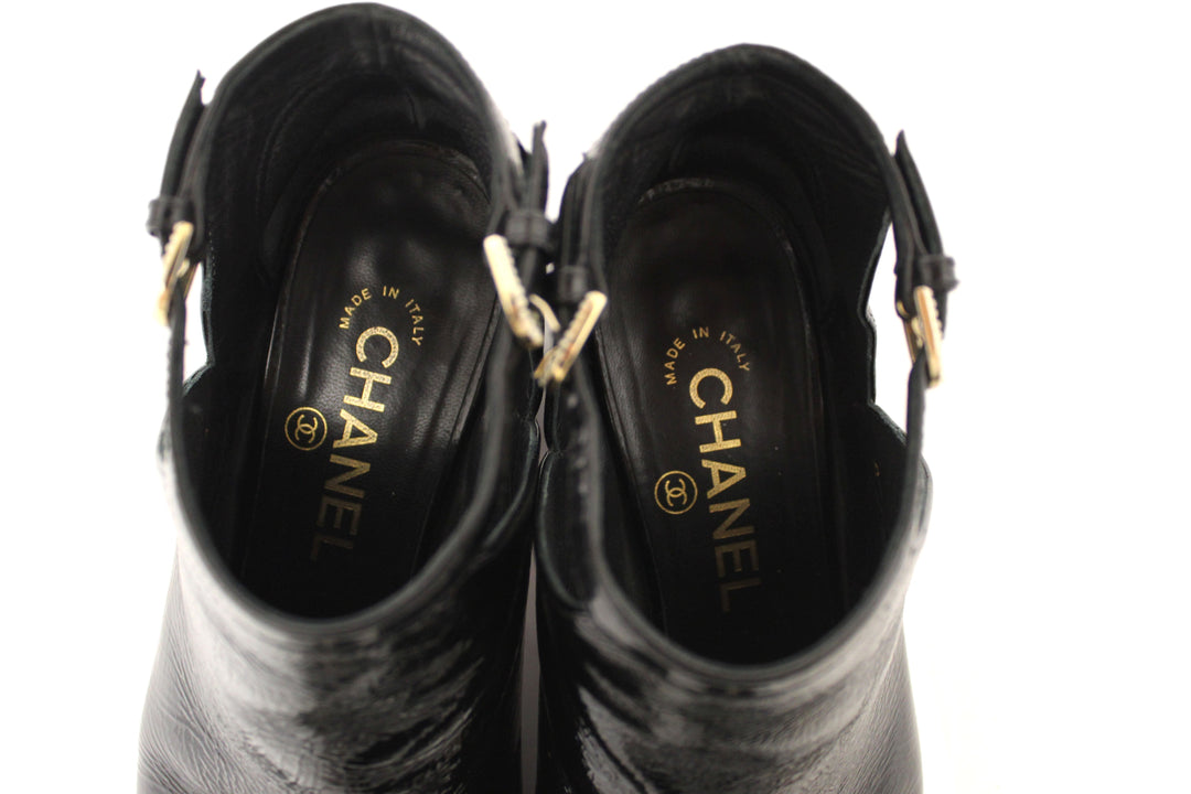 Top Quality Chanel Black Patent Leather Peep Toe Short Ankle Boots 38.5
