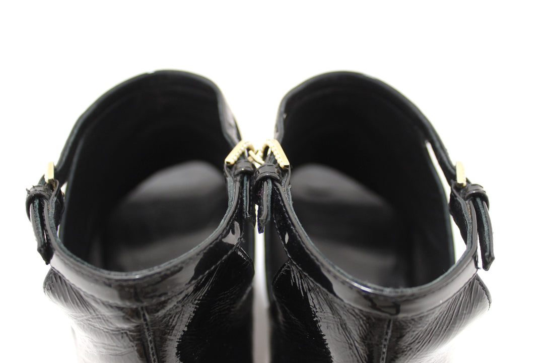 Top Quality Chanel Black Patent Leather Peep Toe Short Ankle Boots 38.5