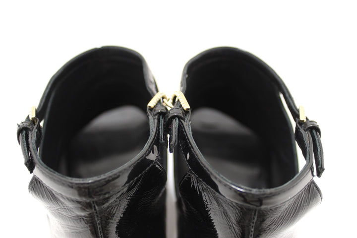 Top Quality Chanel Black Patent Leather Peep Toe Short Ankle Boots 38.5