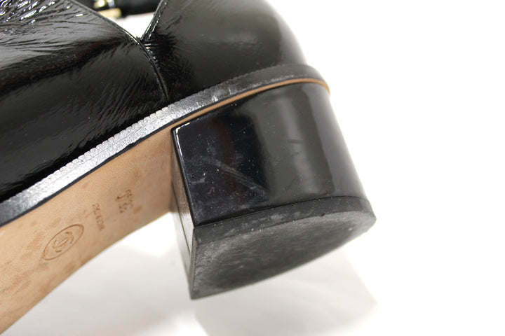 Top Quality Chanel Black Patent Leather Peep Toe Short Ankle Boots 38.5