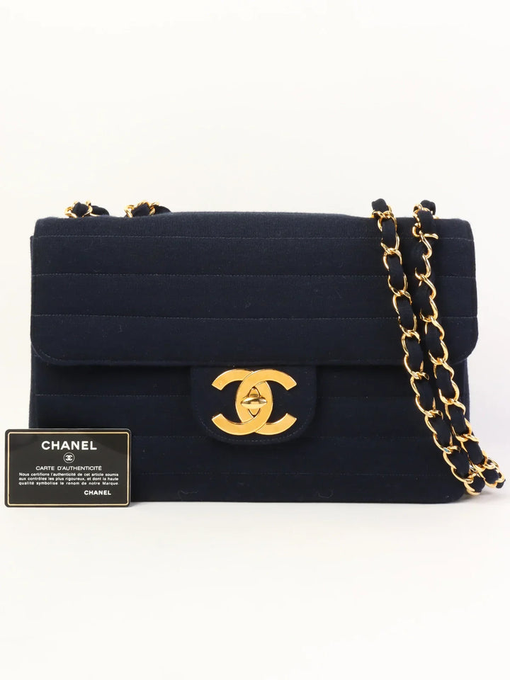Chanel Around 1995 Made Jersey Straight New Chain Bag Jumbo Navy