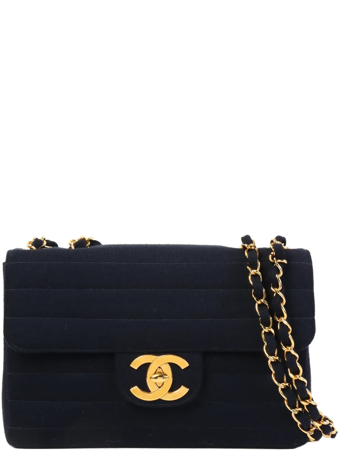 Chanel Around 1995 Made Jersey Straight New Chain Bag Jumbo Navy