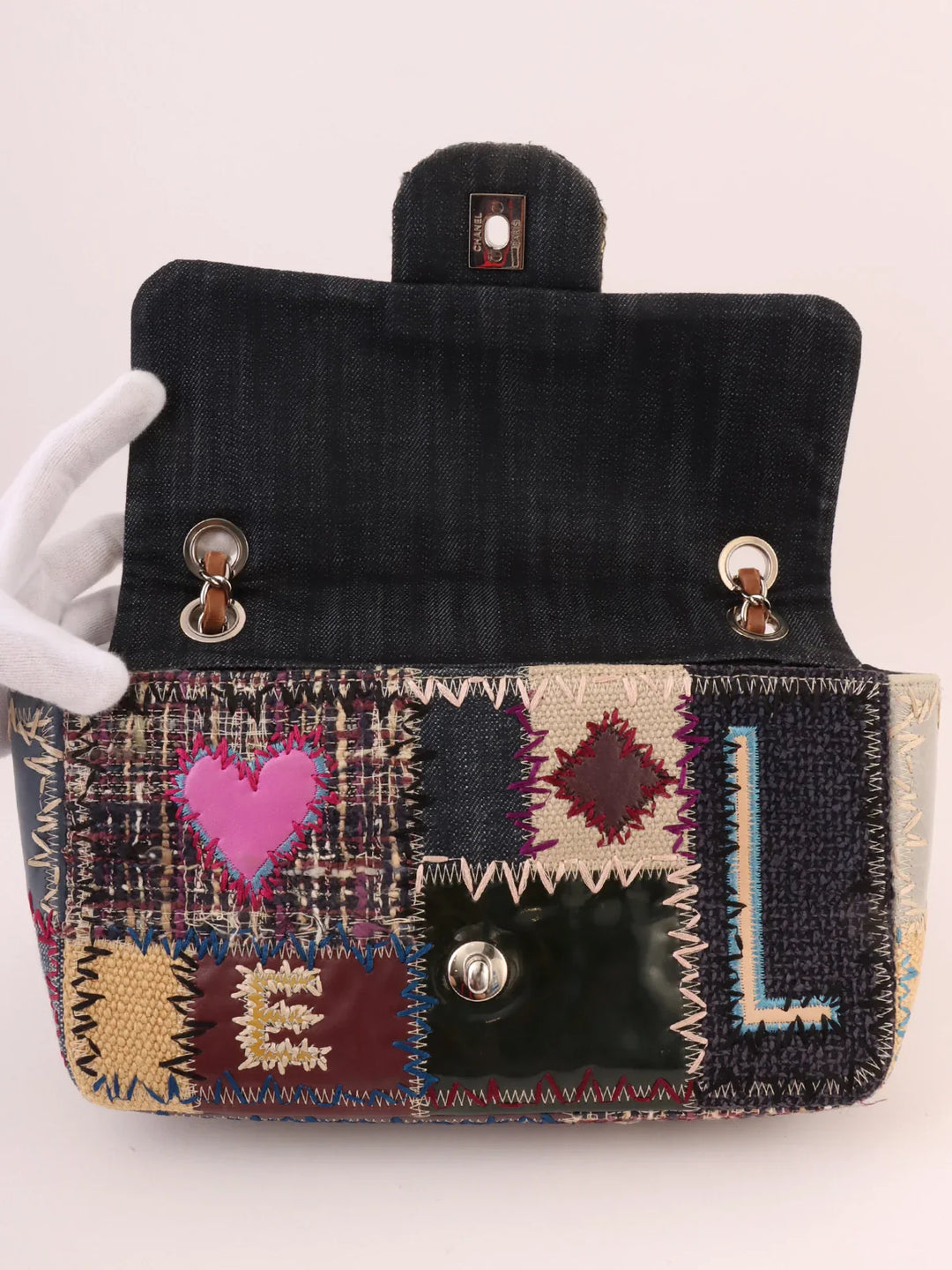Top Quality Chanel Around 2012 Made Denim Patchworks Turn-Lock Chain Bag Indigo/Multi