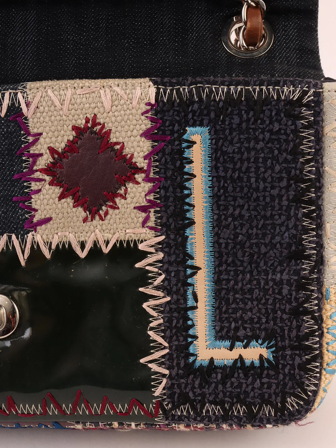 Top Quality Chanel Around 2012 Made Denim Patchworks Turn-Lock Chain Bag Indigo/Multi