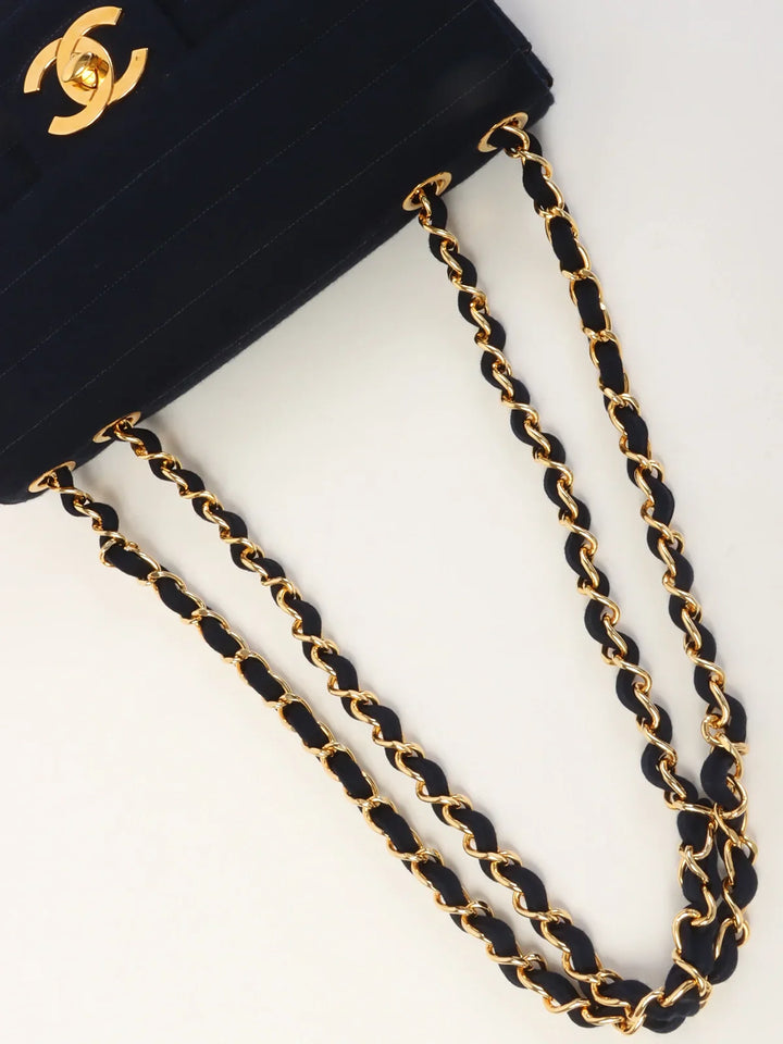 Chanel Around 1995 Made Jersey Straight New Chain Bag Jumbo Navy