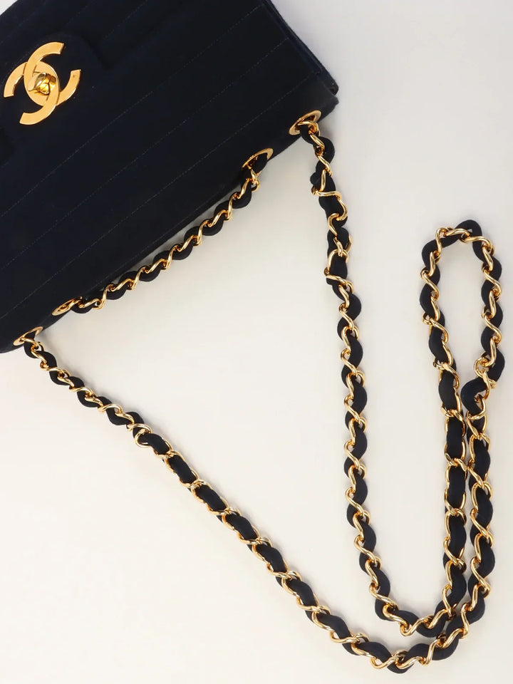 Chanel Around 1995 Made Jersey Straight New Chain Bag Jumbo Navy