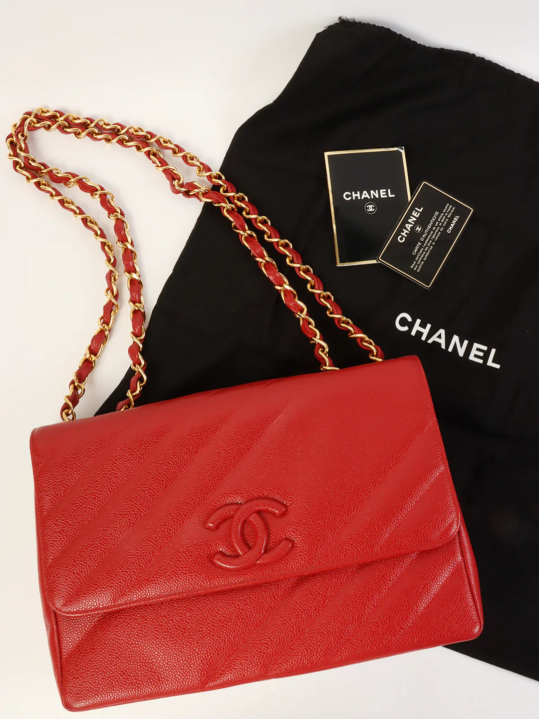 Chanel Around 1995 Made Caviar Skin Mademoiselle Stitch Cc Mark Chain Top Handle Bag Red