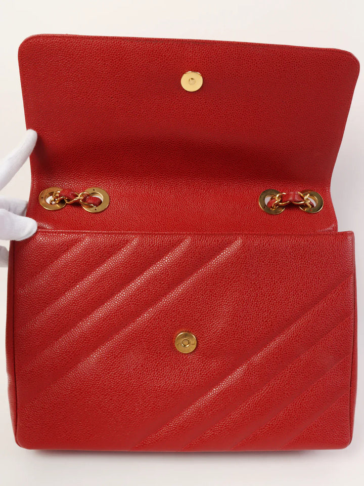 Chanel Around 1995 Made Caviar Skin Mademoiselle Stitch Cc Mark Chain Top Handle Bag Red