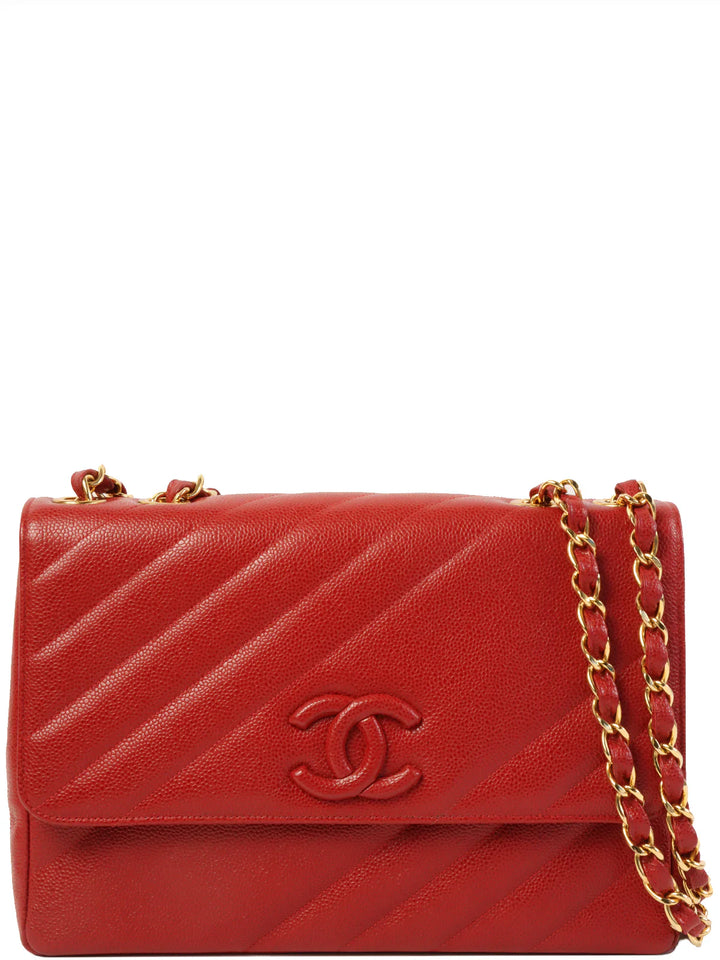 Chanel Around 1995 Made Caviar Skin Mademoiselle Stitch Cc Mark Chain Top Handle Bag Red