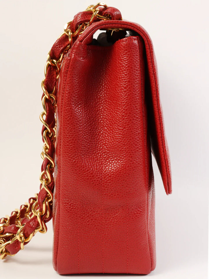 Chanel Around 1995 Made Caviar Skin Mademoiselle Stitch Cc Mark Chain Top Handle Bag Red