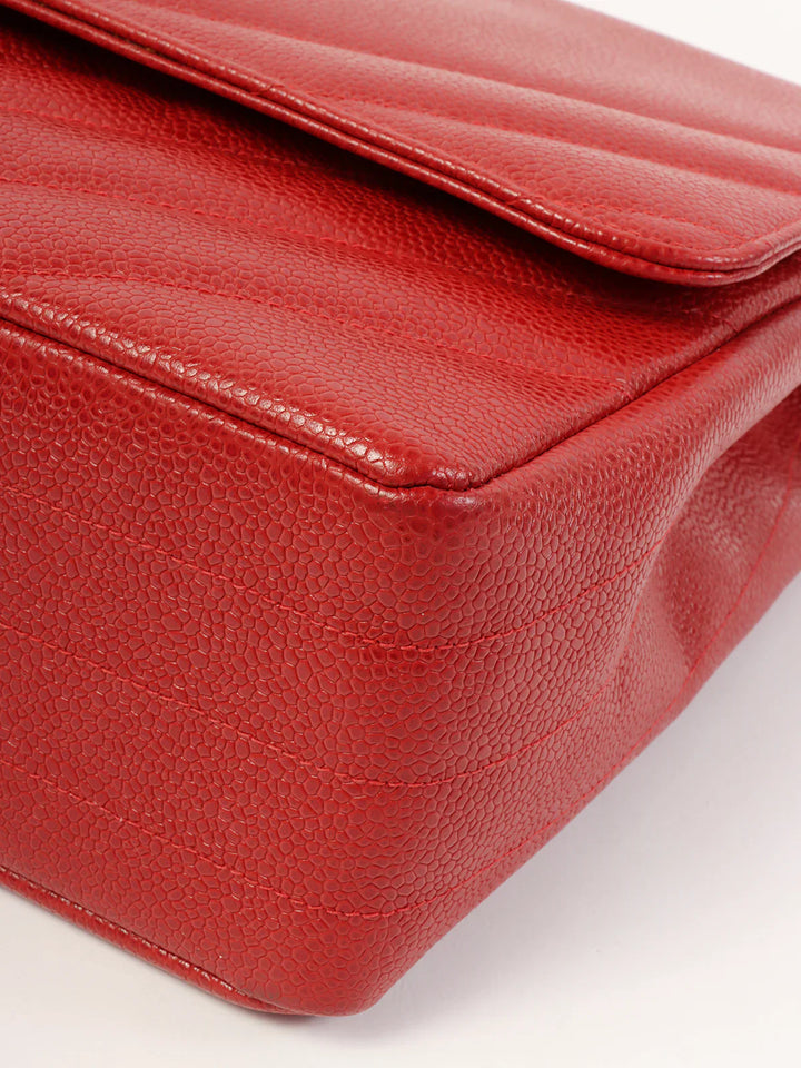 Chanel Around 1995 Made Caviar Skin Mademoiselle Stitch Cc Mark Chain Top Handle Bag Red
