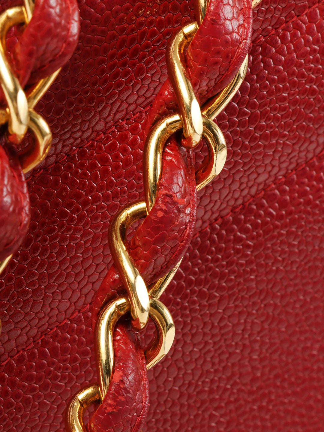 Chanel Around 1995 Made Caviar Skin Mademoiselle Stitch Cc Mark Chain Top Handle Bag Red