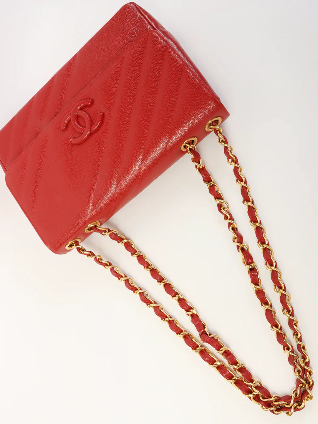 Chanel Around 1995 Made Caviar Skin Mademoiselle Stitch Cc Mark Chain Top Handle Bag Red