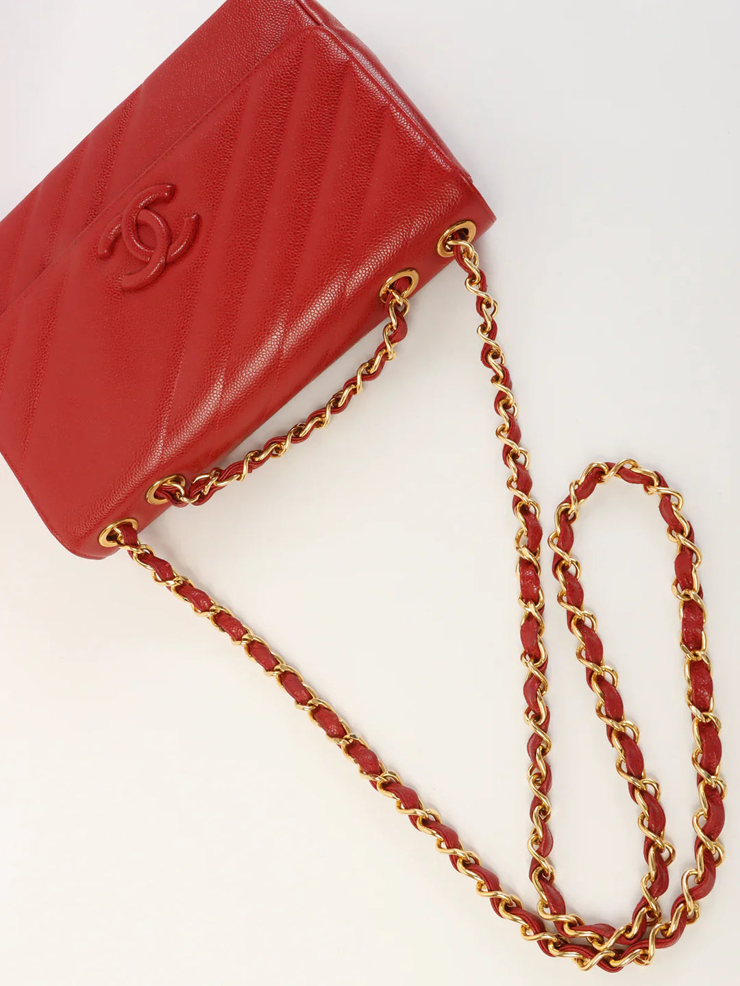 Chanel Around 1995 Made Caviar Skin Mademoiselle Stitch Cc Mark Chain Top Handle Bag Red
