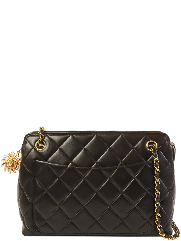 Chanel Around 1995 Made Cc Mark Sun Motif Charm Chain Tote Bag Black