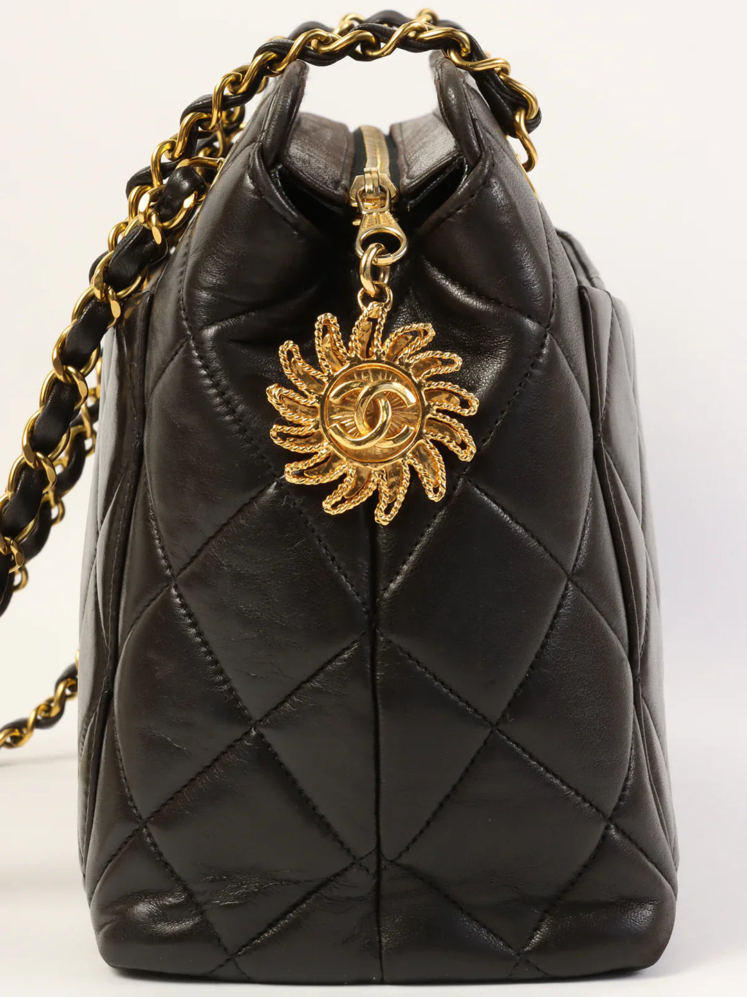 Chanel Around 1995 Made Cc Mark Sun Motif Charm Chain Tote Bag Black