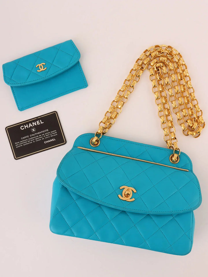 Chanel Around 1990 Made Turn-Lock Bijoux Chain Bag Turquoise Blue